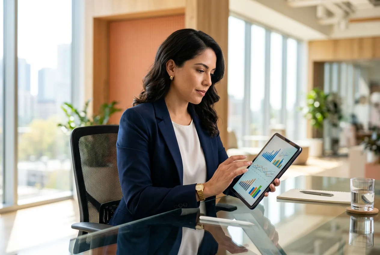 Finance professional reviewing data on a tablet in a Miami office