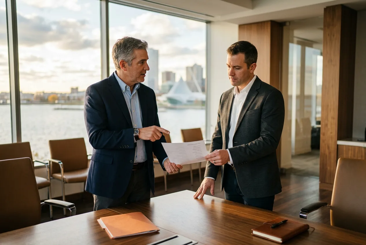 KORE1 recruiter and Milwaukee manufacturing hiring manager reviewing candidates with the Lake Michigan skyline in the background