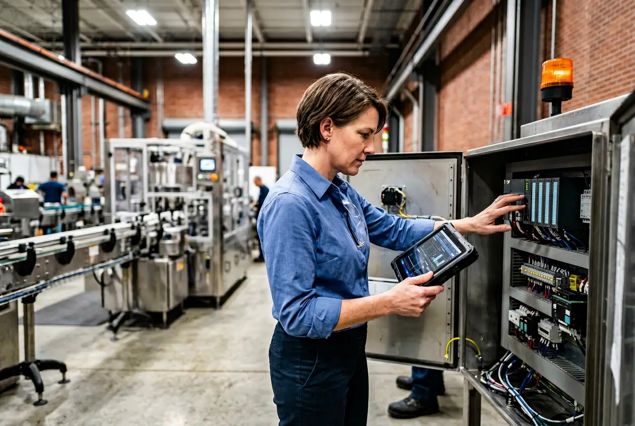 Milwaukee manufacturing automation engineer reviewing PLC programming on a modern factory floor
