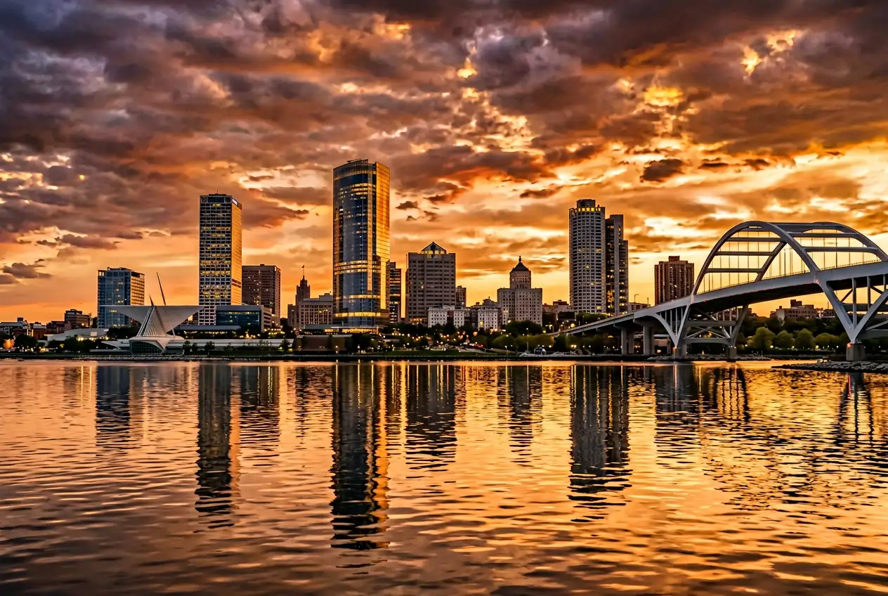 Milwaukee skyline with Lake Michigan, the Hoan Bridge, and downtown business buildings at golden hour