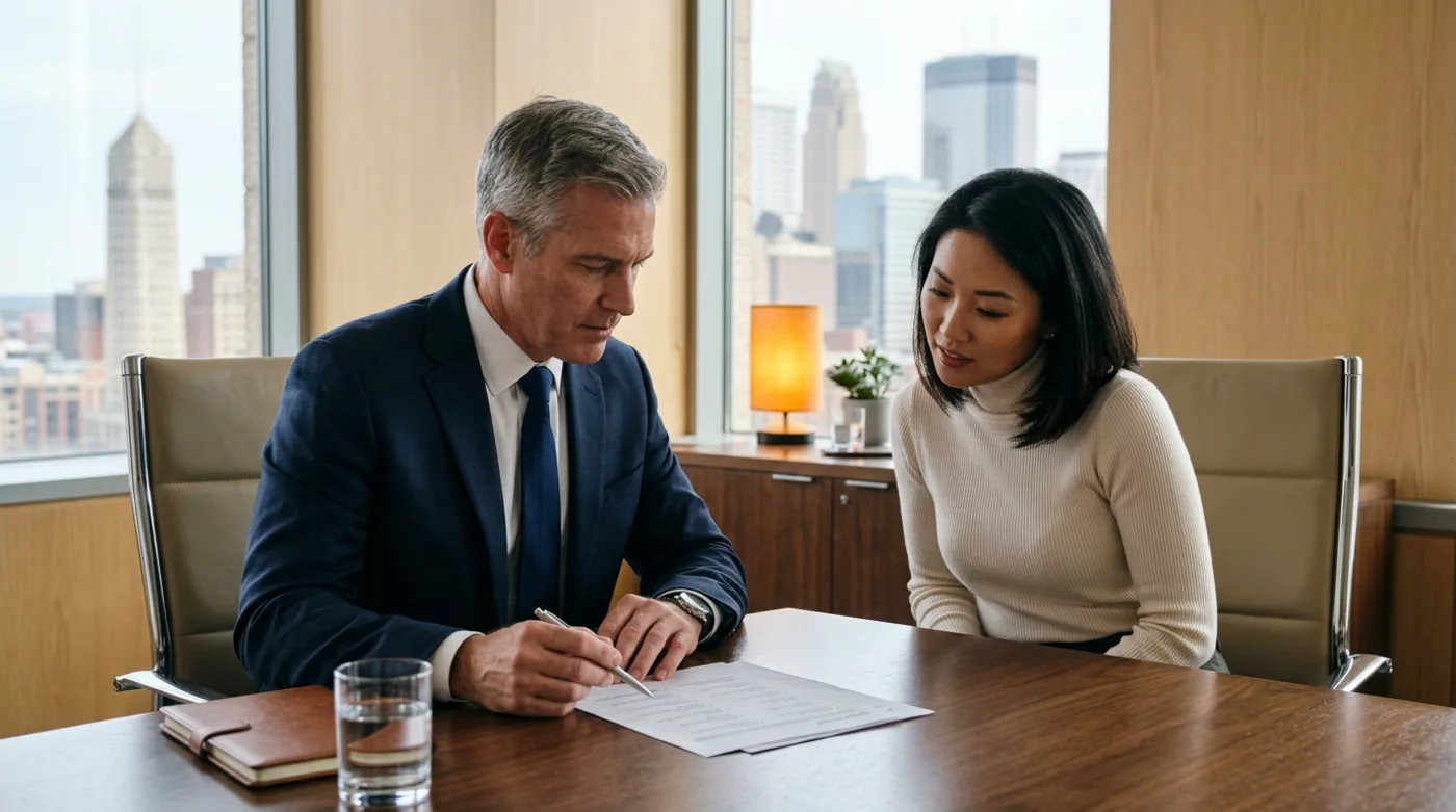 Fortune 500 hiring manager reviewing a shortlist of Minneapolis candidates with a KORE1 recruiter