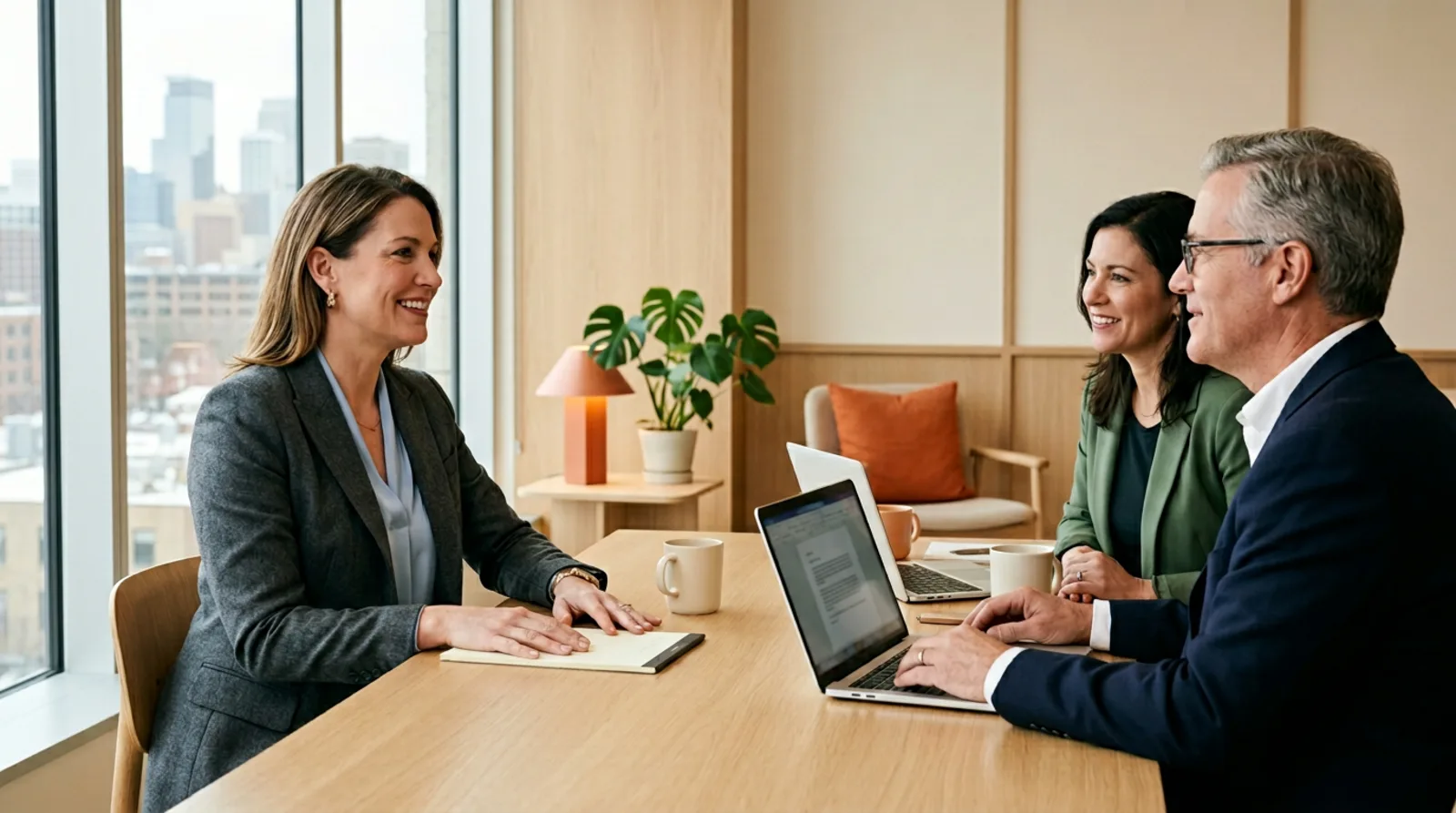 KORE1 recruiter meeting with a Minneapolis hiring team in a warm modern Twin Cities office