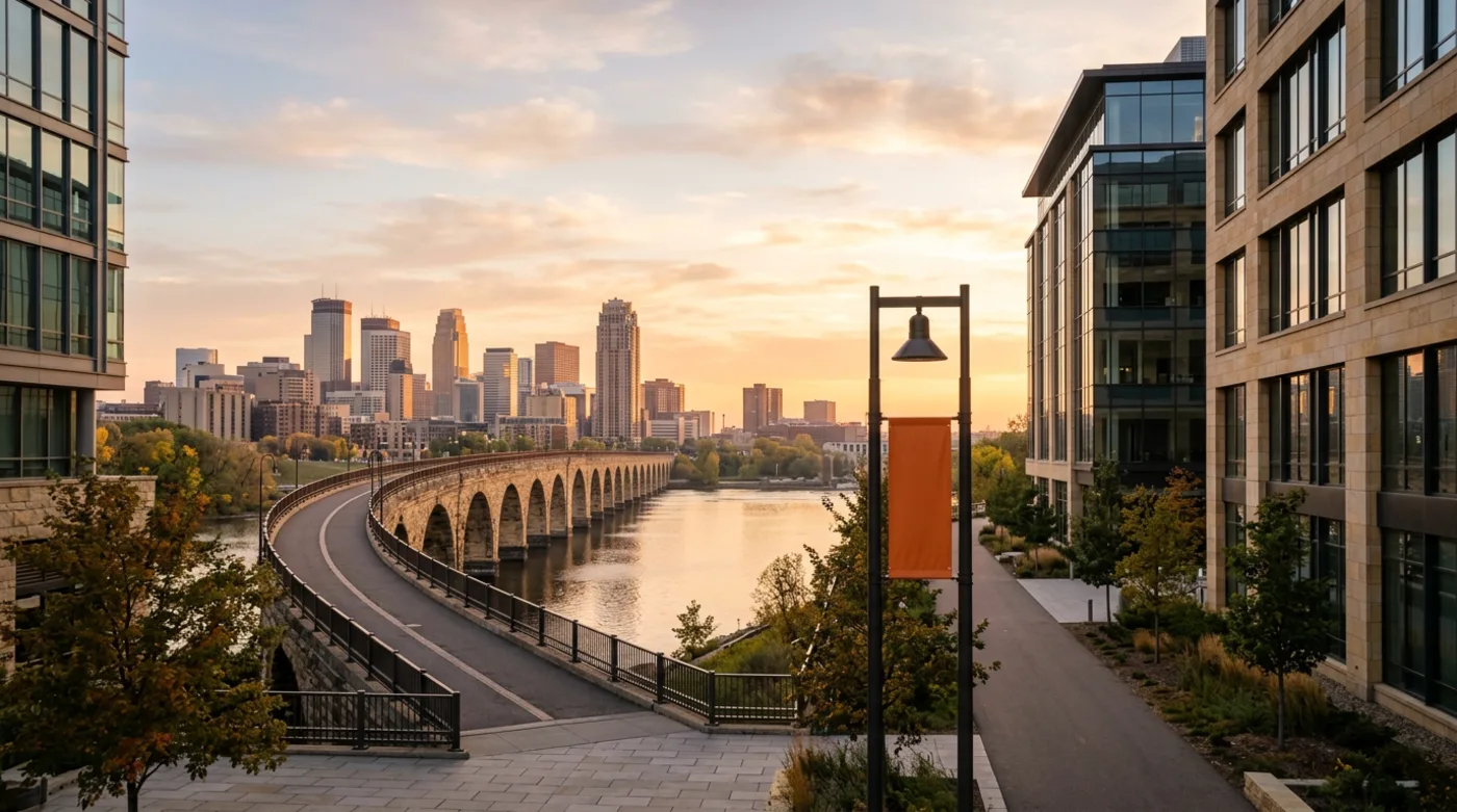 Twin Cities business corridor with Minneapolis and Saint Paul office buildings and riverfront