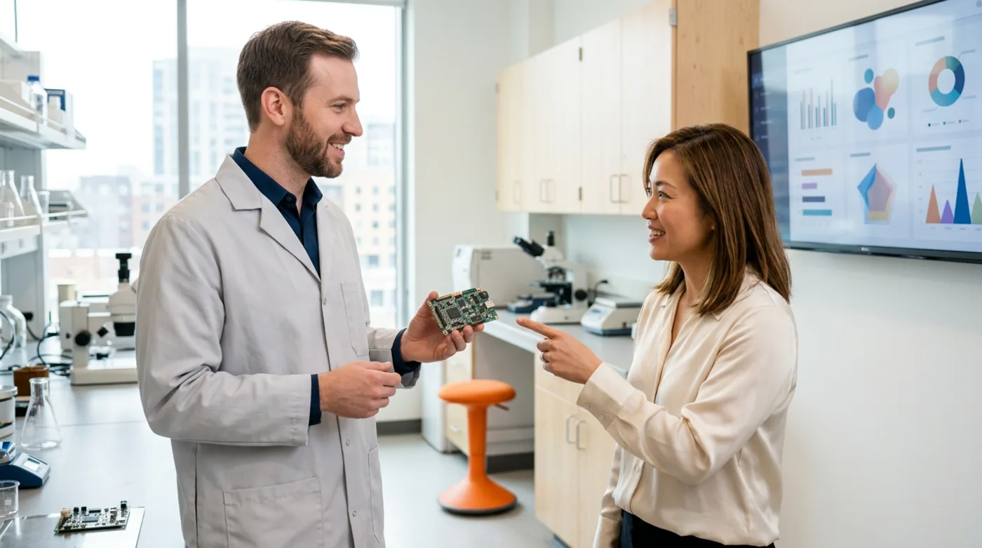 Biomedical engineer and data analyst collaborating in a Twin Cities medical device and data analytics environment