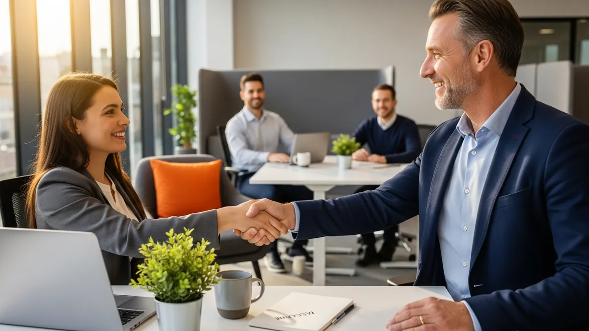New hire shaking hands with her manager on her first day after a successful staffing agency placement, smiling coworkers in background