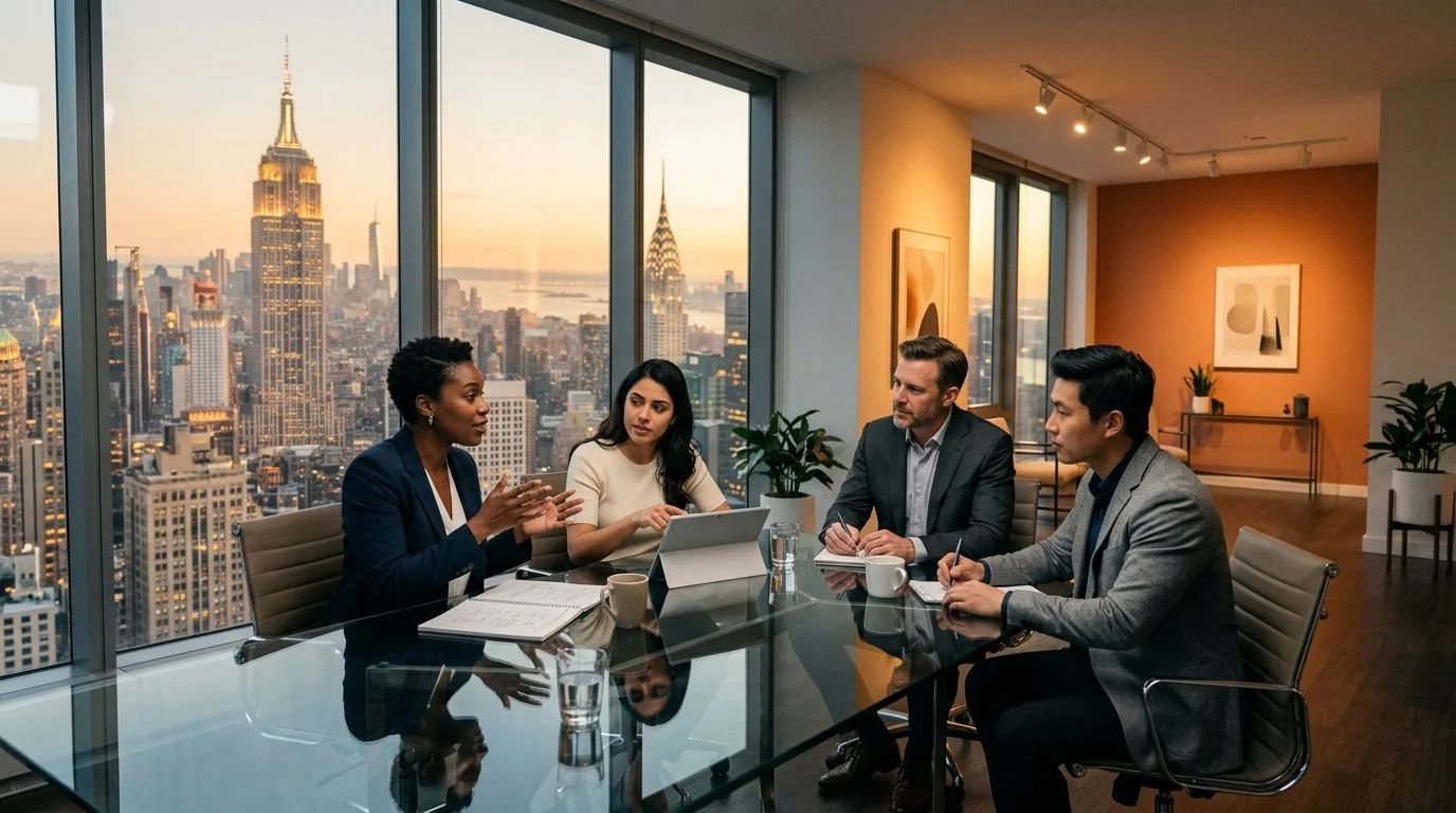 Staffing professionals collaborating in a modern New York City office with skyline views