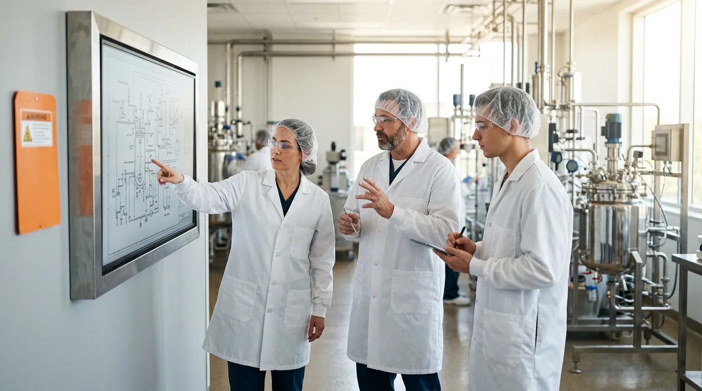 Engineering team reviewing technical drawings in a Philadelphia R and D facility