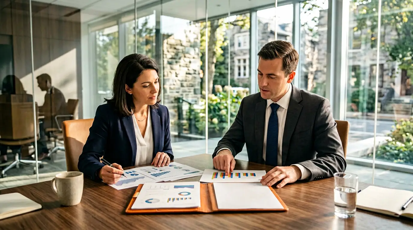 Finance professionals reviewing reports in a Philadelphia asset management office