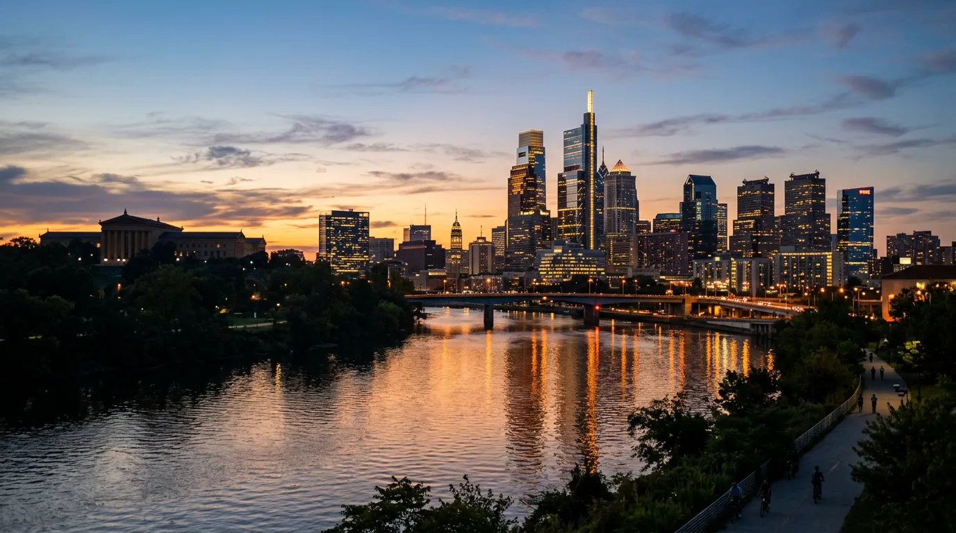 Philadelphia skyline over the Schuylkill River with Center City towers at dusk