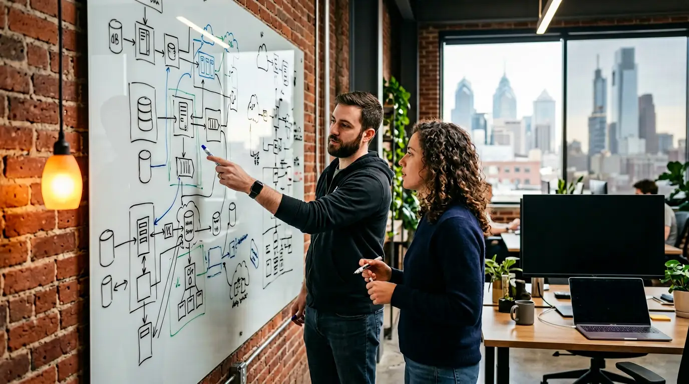 Software engineers reviewing architecture diagrams in a Philadelphia tech office