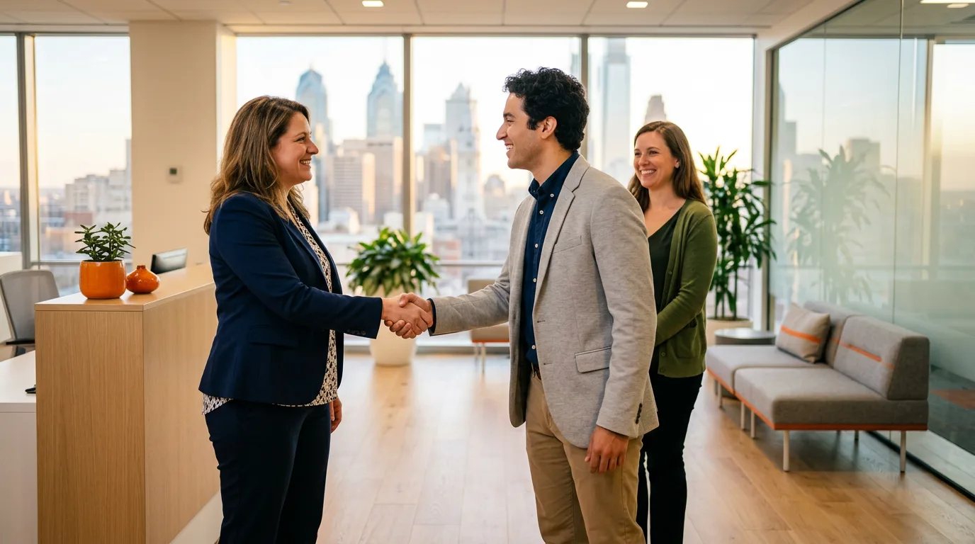 Hiring manager welcoming a new team member in a Philadelphia office