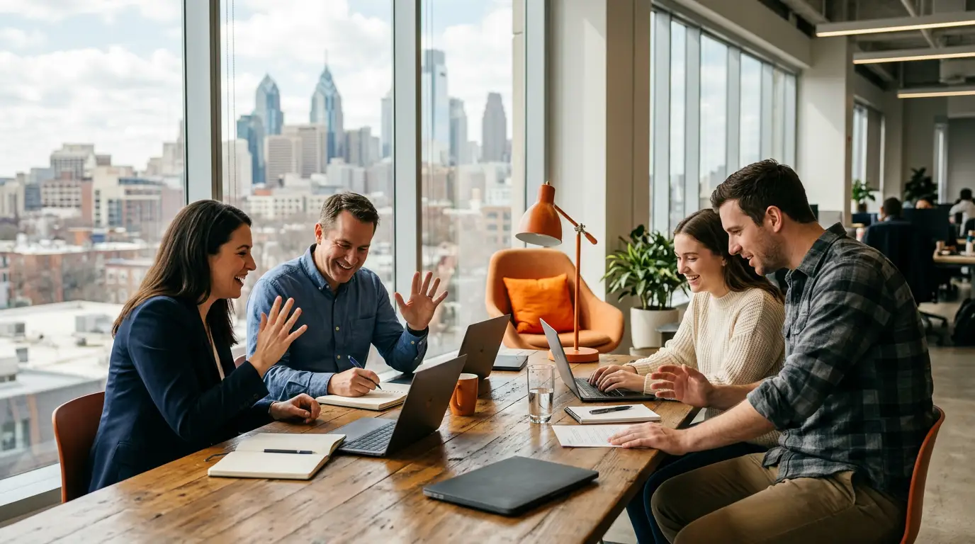 Professional team collaborating in a modern Philadelphia office with Center City skyline view