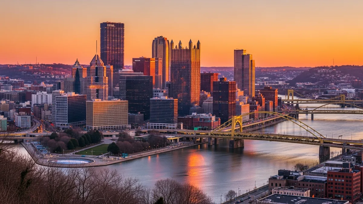 Pittsburgh Pennsylvania skyline from Mt. Washington at golden hour — three rivers and bridges below downtown glass towers