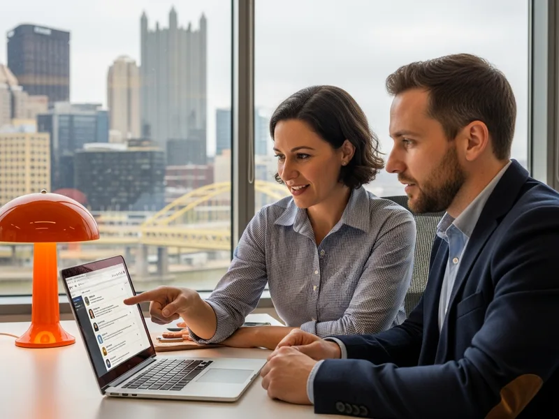 KORE1 staffing consultant in a Pittsburgh office reviewing IT and engineering candidate profiles with a hiring manager