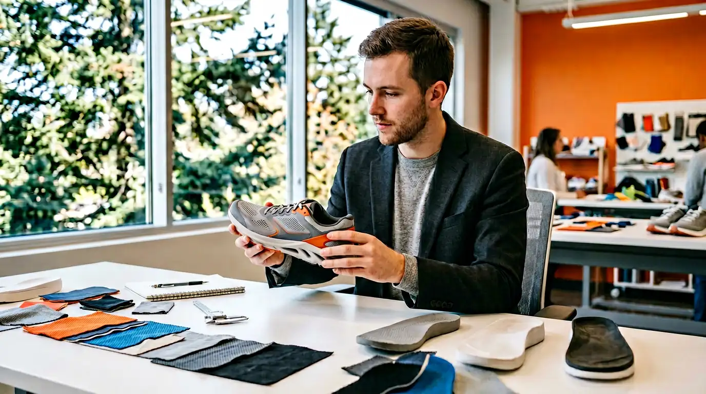 Product engineer reviewing an athletic footwear prototype at a Beaverton Oregon brand headquarters