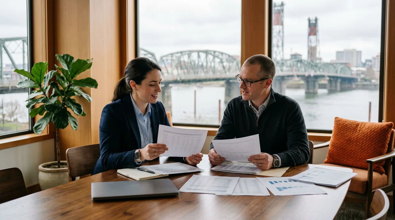 Accounting and finance professionals reviewing reports in a downtown Portland conference room