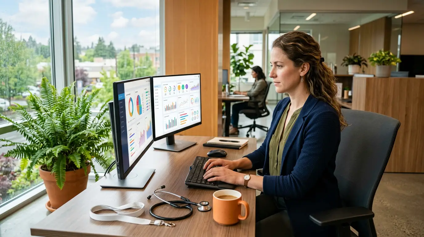 Healthcare IT analyst working on dual monitors in a Portland hospital administrative office