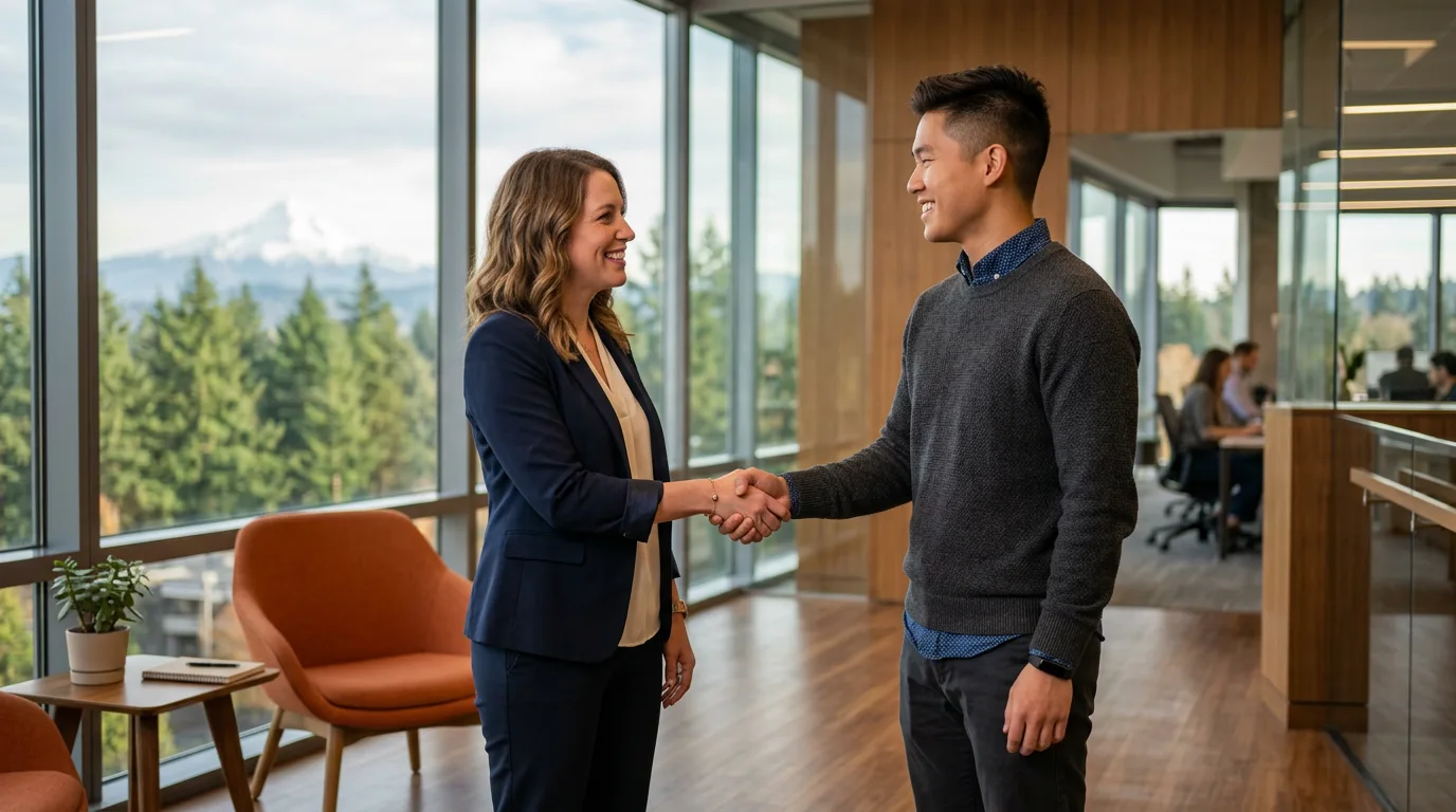Staffing agency recruiter welcoming a candidate in a modern Portland Oregon office with Mount Hood and Douglas firs visible