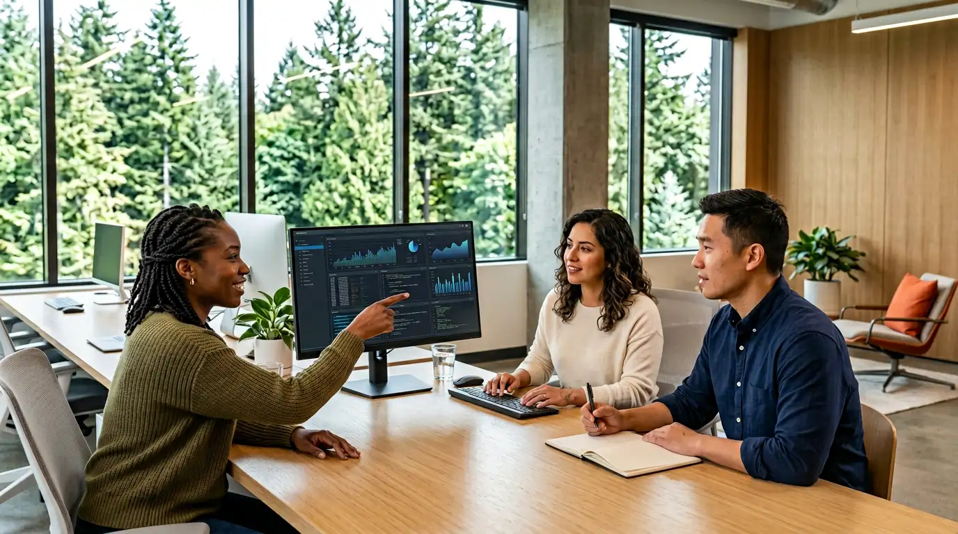 IT staffing team collaborating around a monitor in a Silicon Forest Hillsboro Oregon technology office