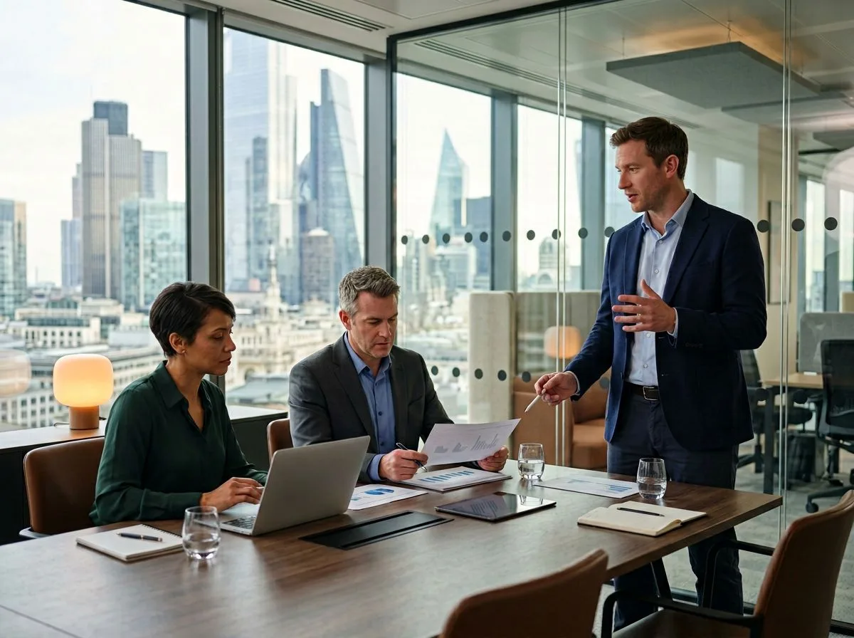 Finance team reviewing quarterly reports in a modern Raleigh office