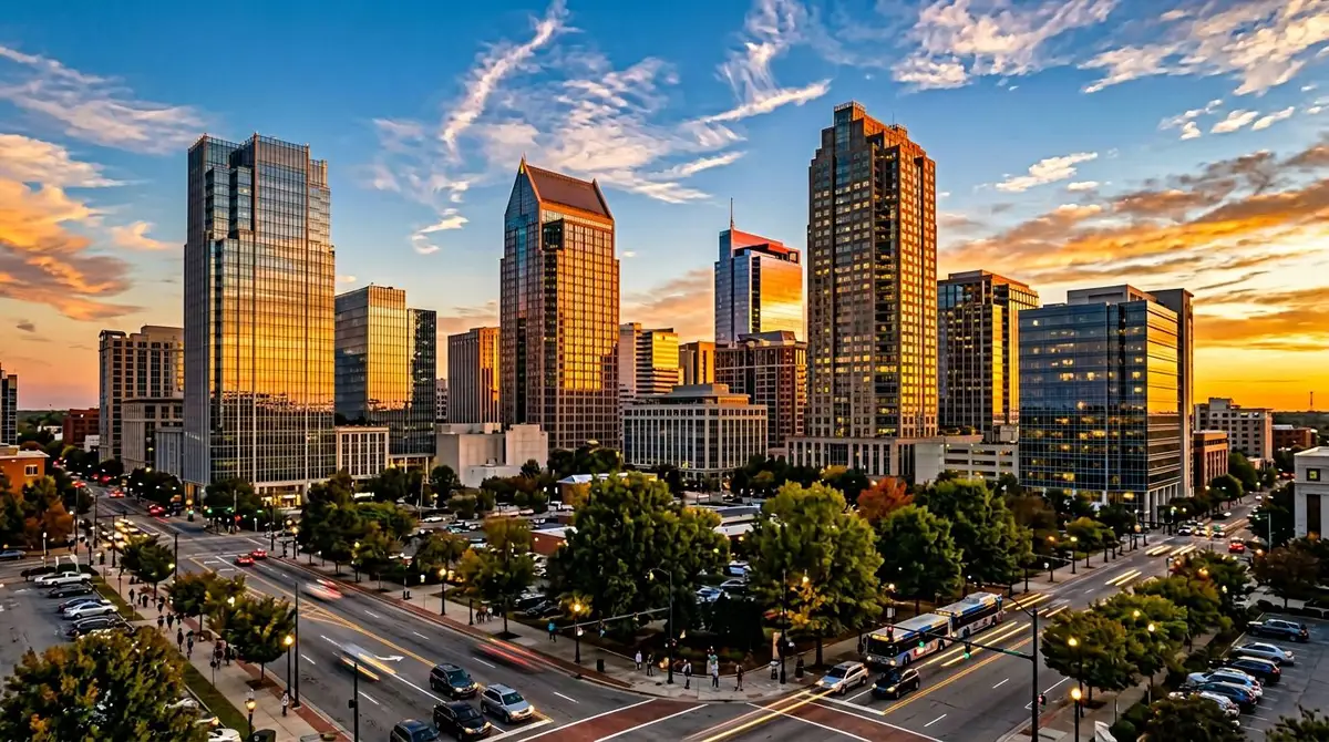 Raleigh NC skyline and modern office buildings in the Research Triangle