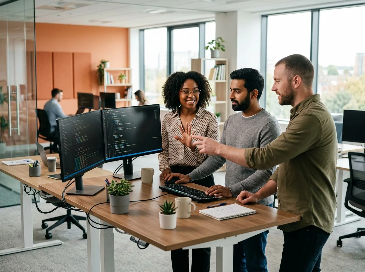 IT professionals collaborating on software development in a Raleigh tech office