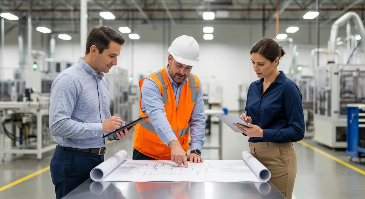 Sacramento engineers reviewing blueprints at a Mather industrial facility