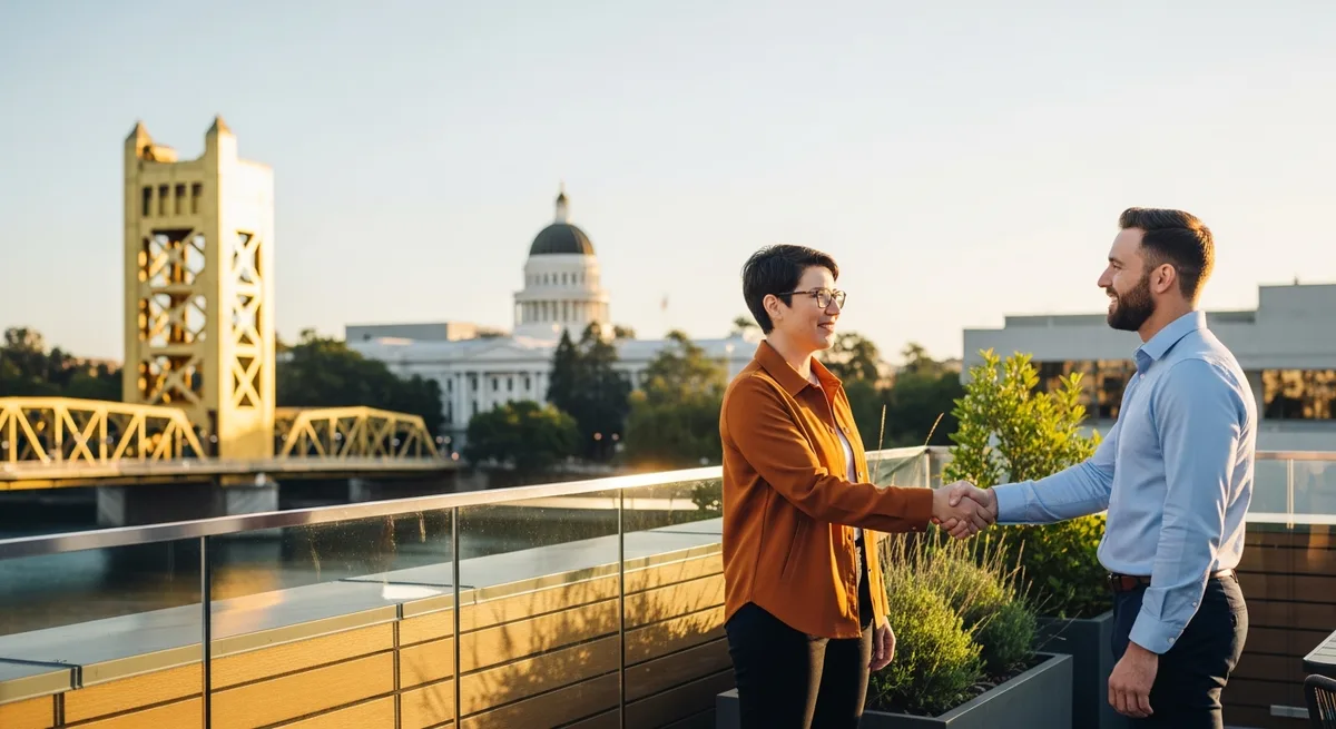 Sacramento Tower Bridge and California State Capitol with KORE1 staffing recruiter and Sacramento hiring manager