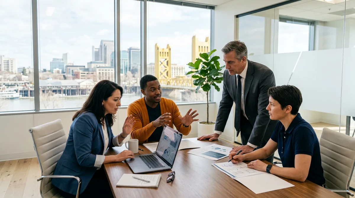 Healthcare and tech professionals collaborating in a downtown Sacramento office