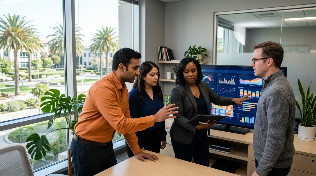 IT consulting team reviewing dashboards in a Sacramento state agency office