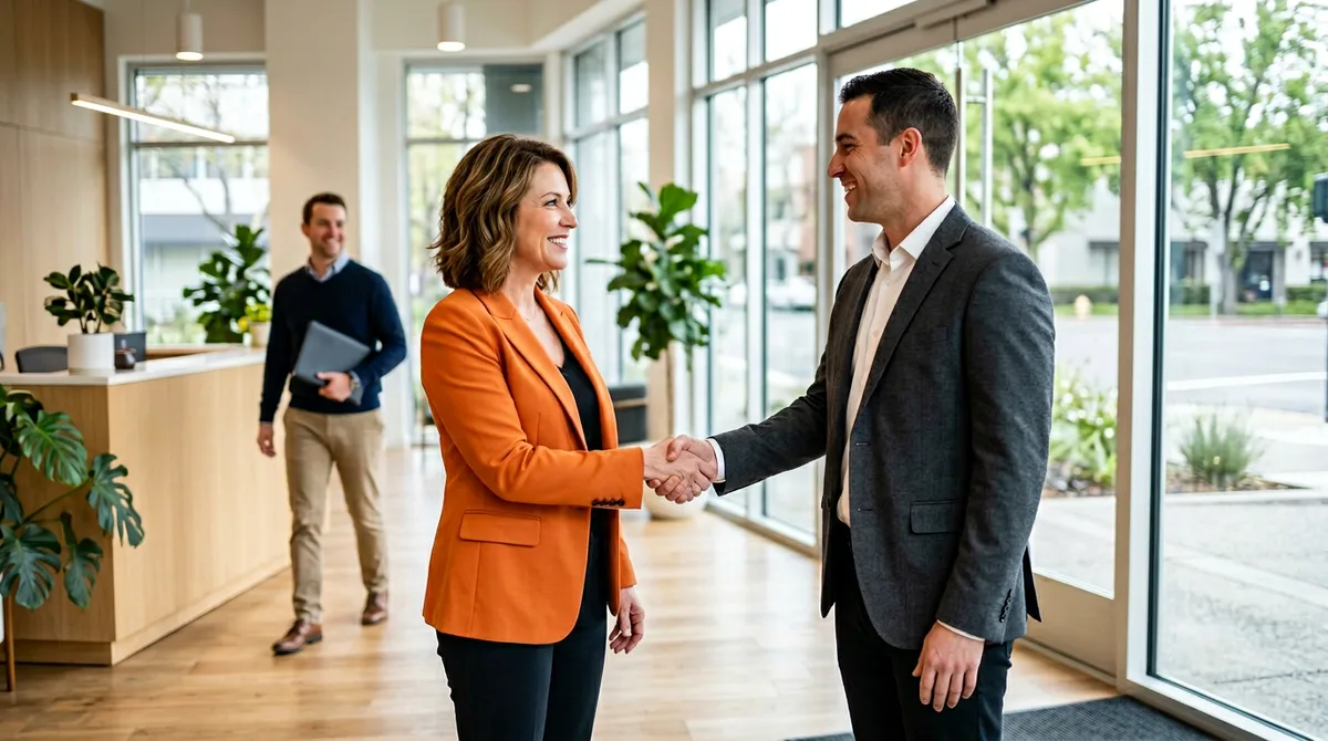 Hiring manager welcoming a new employee at a Sacramento office