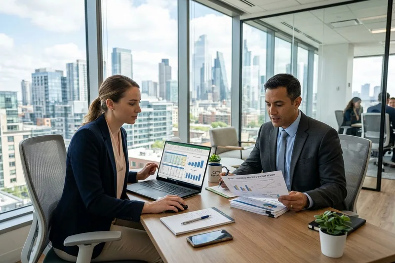 Accounting and finance professionals reviewing reports in a Seattle office