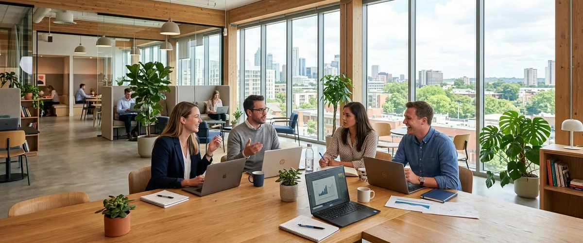 Staffing agency team collaborating in a modern Seattle office with city skyline