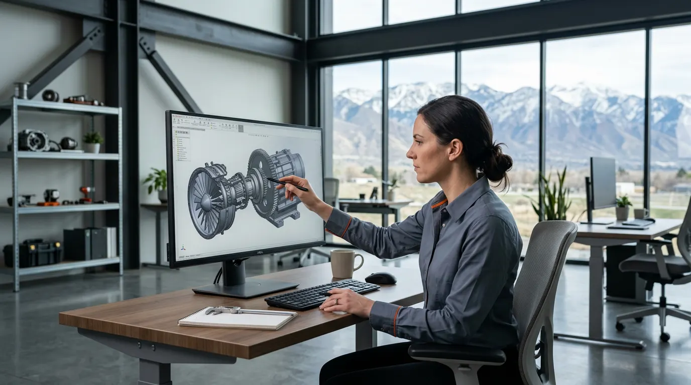 Engineer reviewing technical CAD drawings on a large monitor in a modern Wasatch Front industrial office