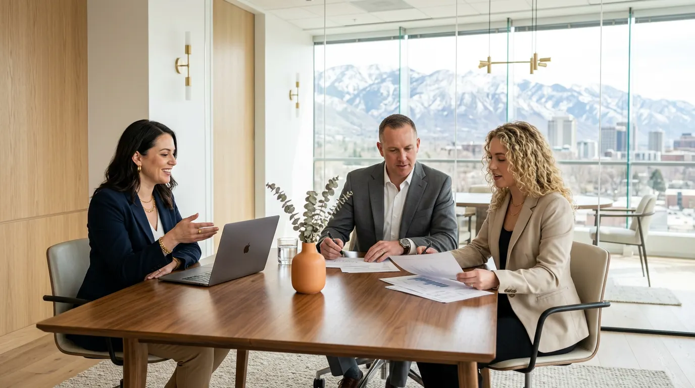 Finance professionals collaborating around a wood conference table in a modern Salt Lake City office with mountain views