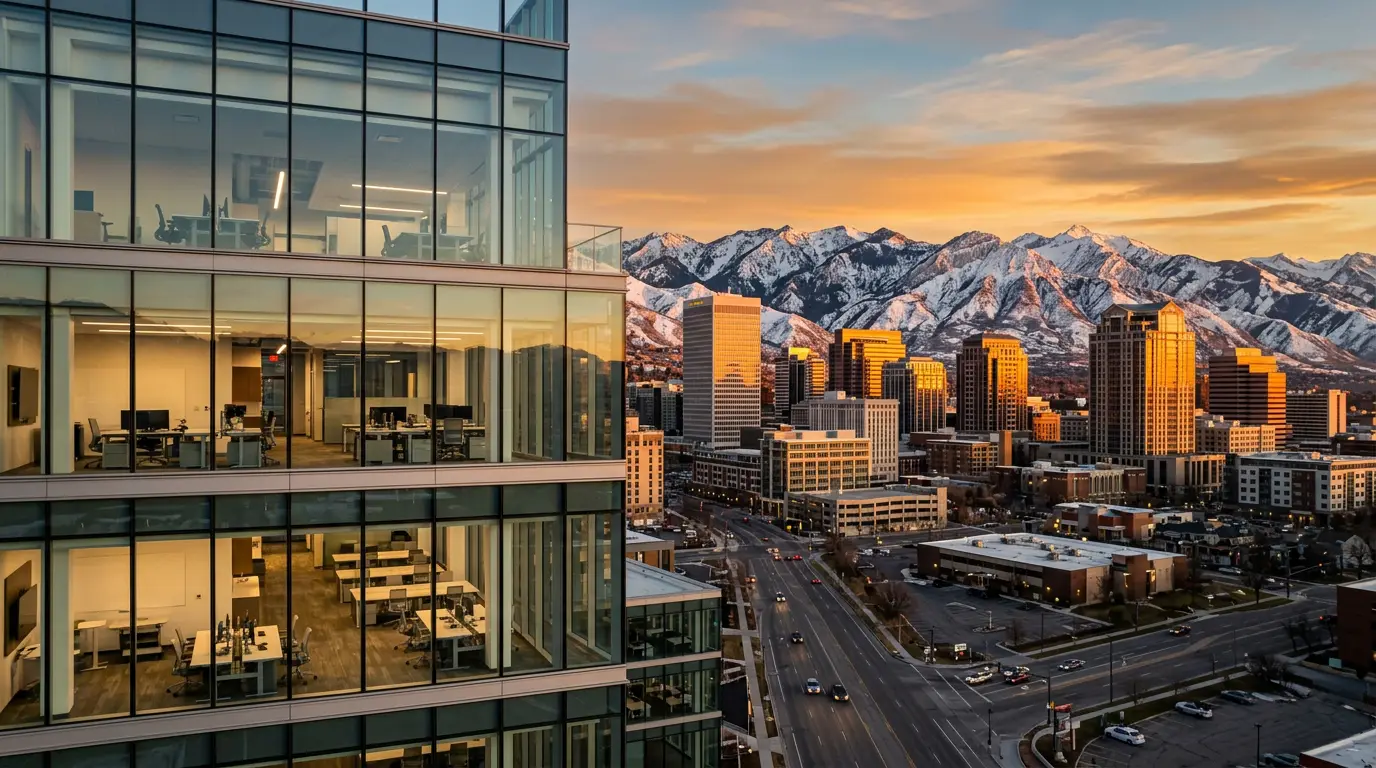 Salt Lake City downtown skyline at golden hour with Wasatch Mountains backdrop and modern office tower