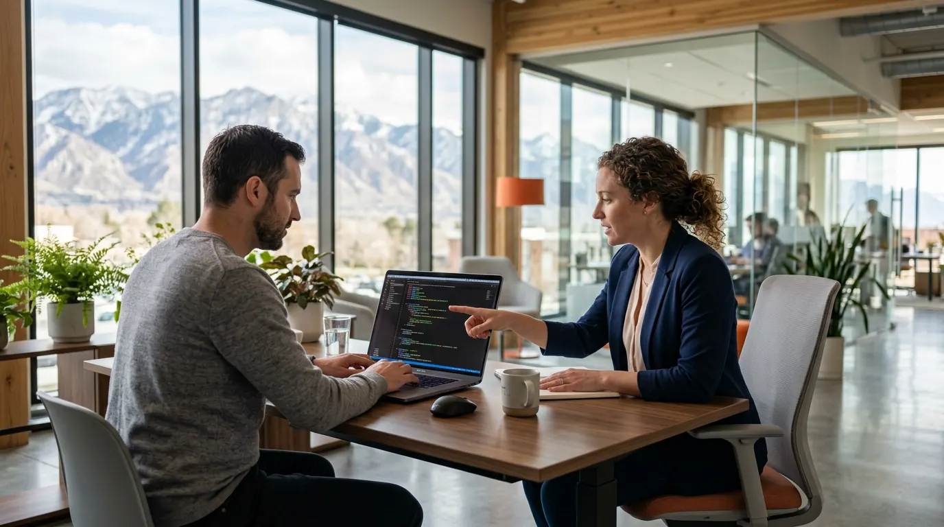 Software engineer and recruiter reviewing code at a desk in a Silicon Slopes tech office with Wasatch Mountains visible through the window