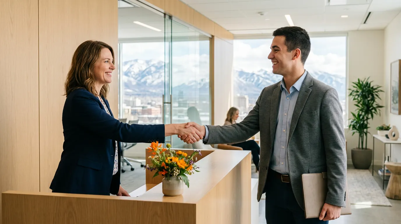 Hiring manager welcoming a new employee at a modern Salt Lake City reception area