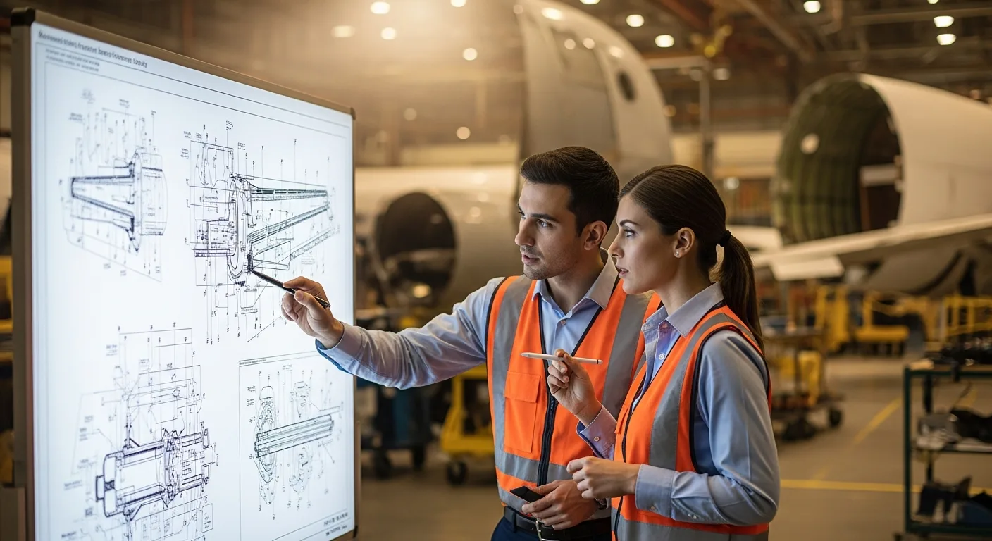 Engineering team reviewing technical plans in a St. Louis aerospace facility
