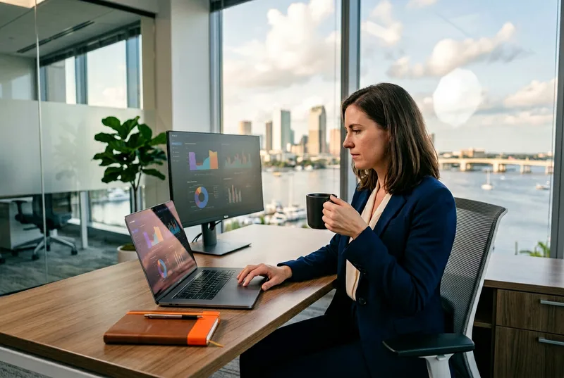 Finance analyst reviewing reporting dashboards in a Tampa Westshore office
