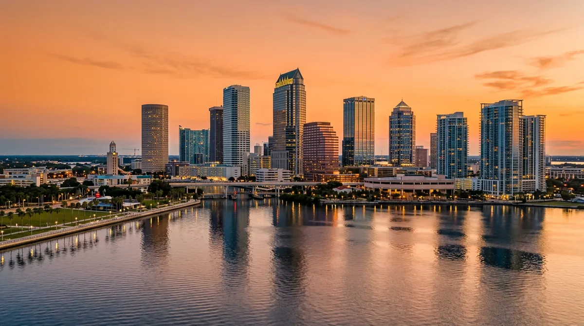 Downtown Tampa skyline over Hillsborough Bay where KORE1 places IT, engineering, and finance professionals