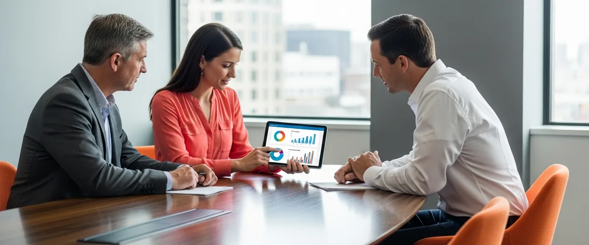 Business professionals meeting to discuss staffing agency and recruiting agency options