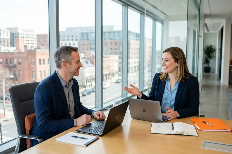 Two professionals in a Washington DC conference room collaborating on staffing strategy