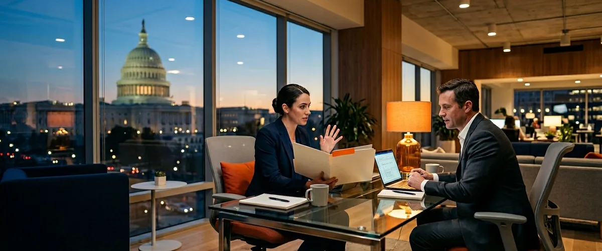 Staffing recruiters in a Washington DC office with the Capitol dome visible through the window