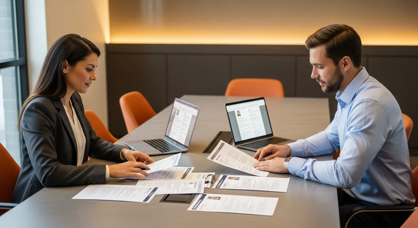 Staffing agency recruiter and hiring manager reviewing contract candidate profiles at a conference table