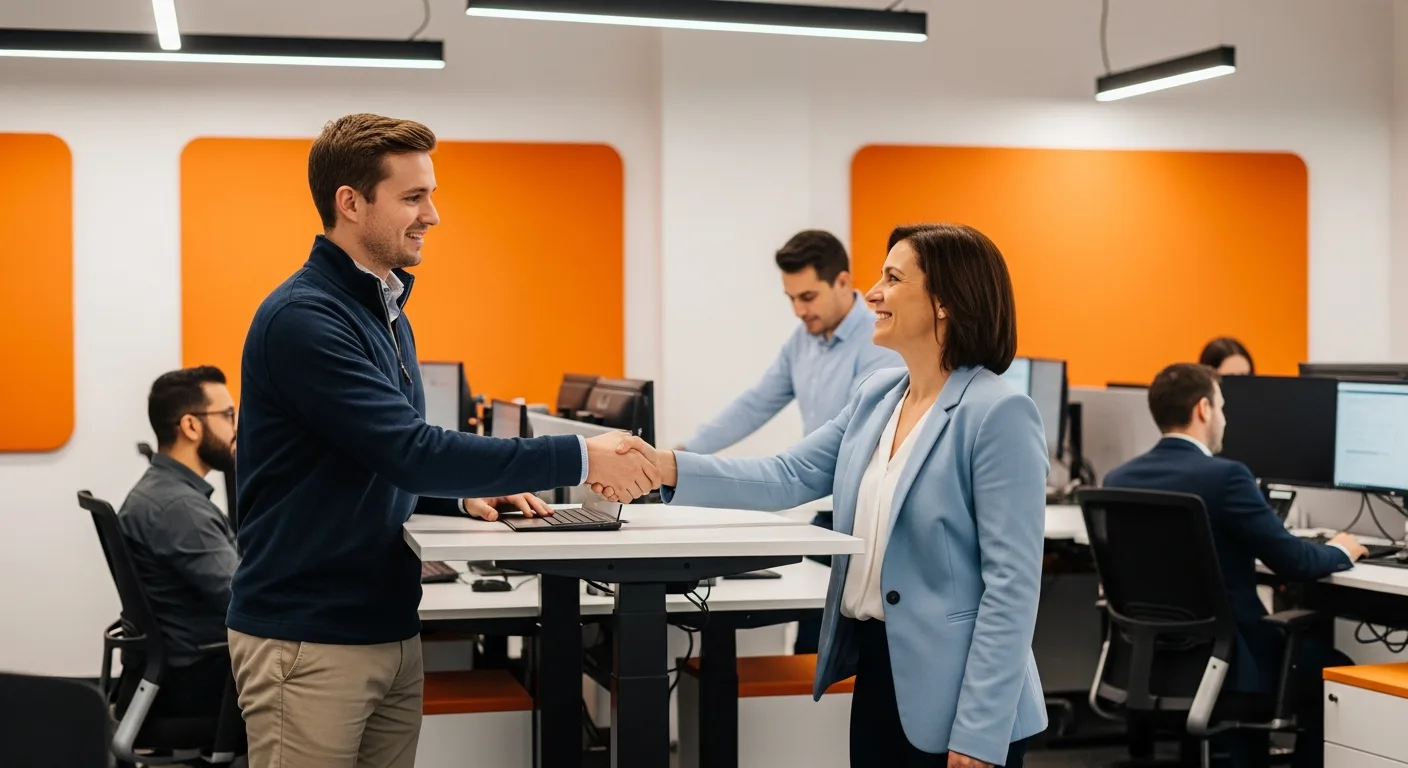 Contract-to-hire employee being welcomed as a permanent team member in a modern tech office