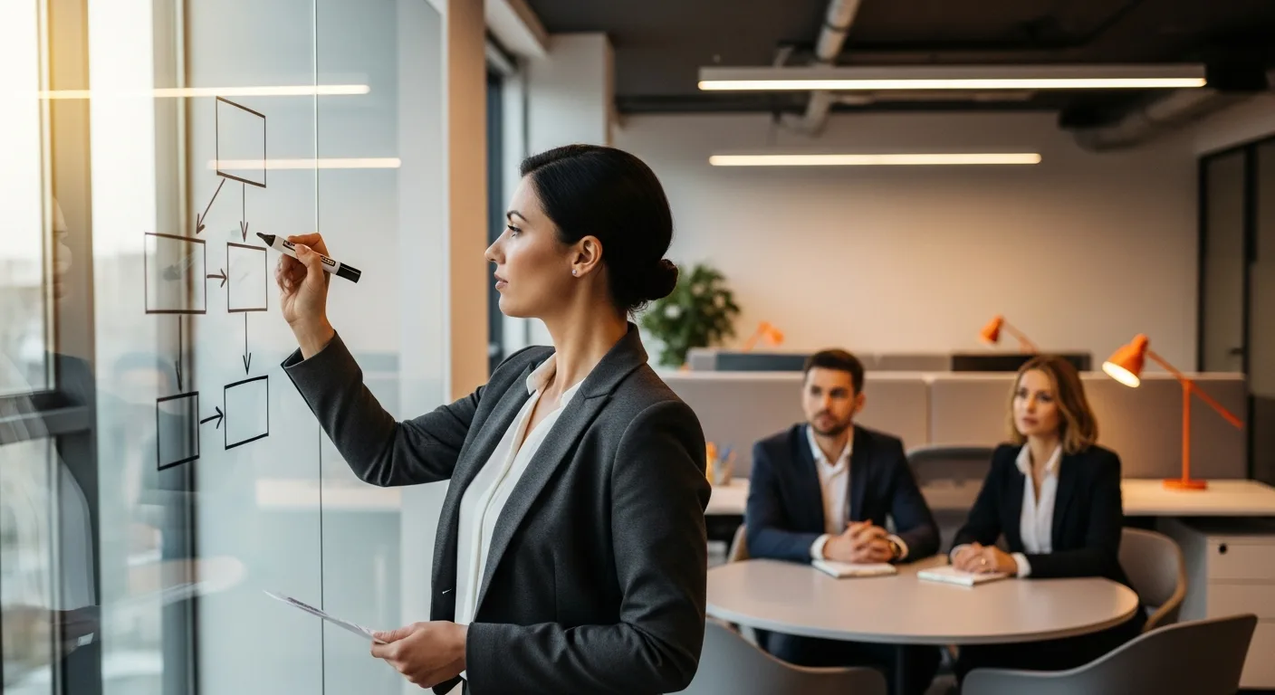 Hiring manager mapping staffing vs recruiting decision criteria on a whiteboard