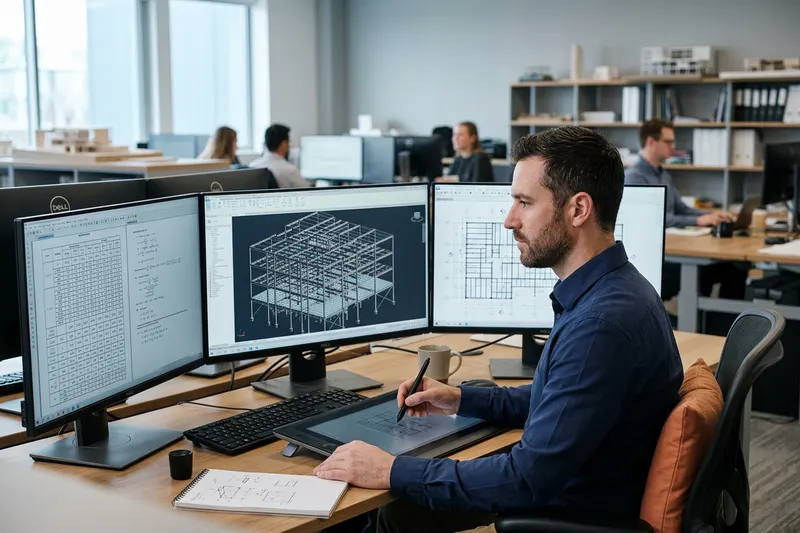 Structural engineer working in BIM software with Revit Structure model on screen