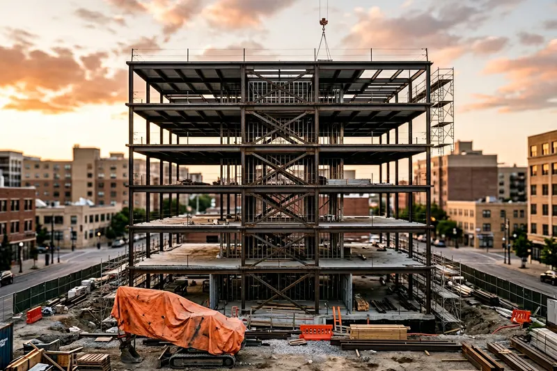 Structural steel framing on a mid-rise mixed-use construction project