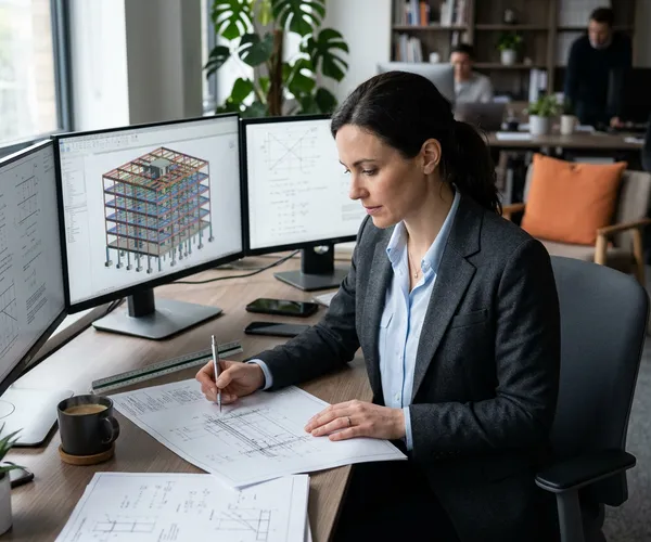 Structural engineer reviewing steel framing details and seismic load calculations on dual monitors
